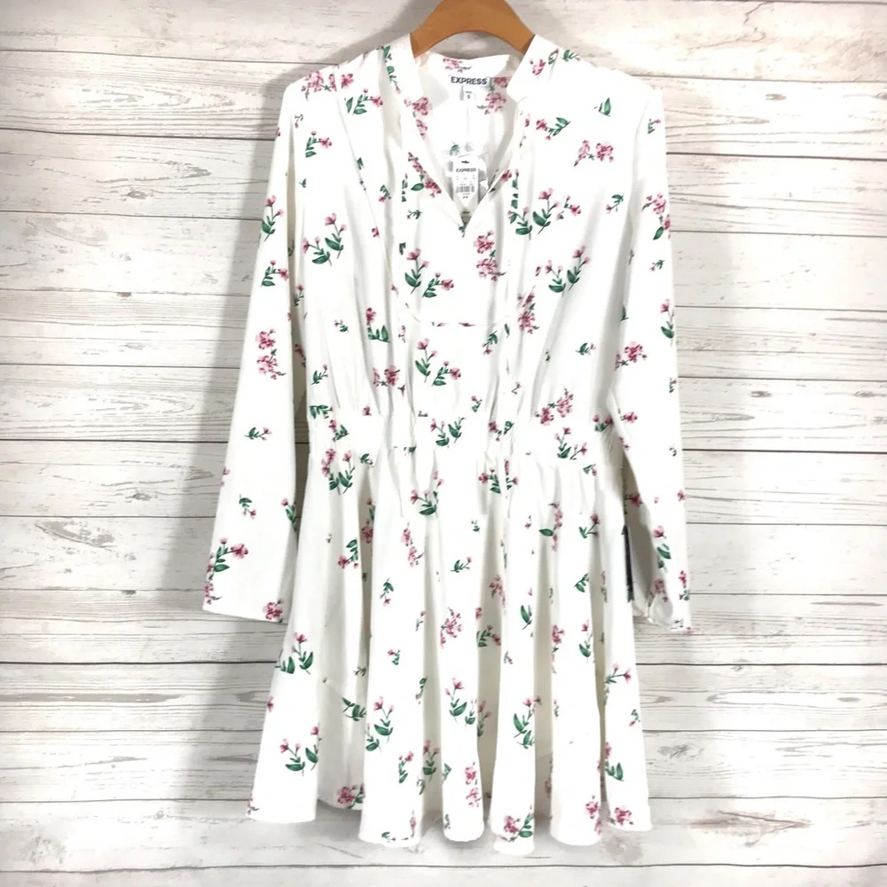 Express Dress NEW Floral Tie Neck Gathered Waist - Picture 2 of 7